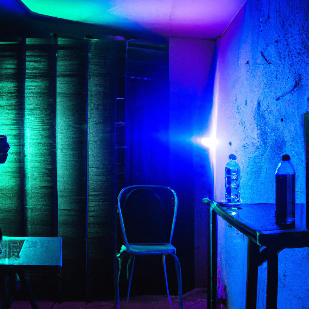 Loft de estudio fotográfico en Santiago con luces cálidas azul y naranja, equipo profesional, sombras y alto contraste, ultra HD